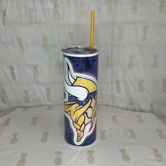 Minnesota Vikings custom 20 oz cold cup tumbler GUC small crack NEW STRAW - Picture 5 of 7